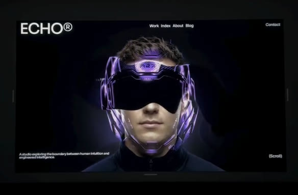 A dark portfolio hero where a cursor reveals a hidden helmeted chrome version of a face underneath