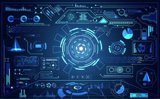 A cinematic blue heads-up-display interface: a glowing central sphere surrounded by orbital rings, HUD arcs, live gauges, activity bars and status readouts, the kind of Jarvis command-center look to use as a reference image.
