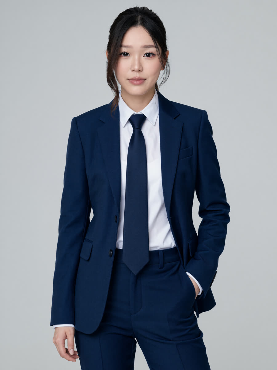 AI headshot: navy suit and navy tie, hand in pocket, light grey studio