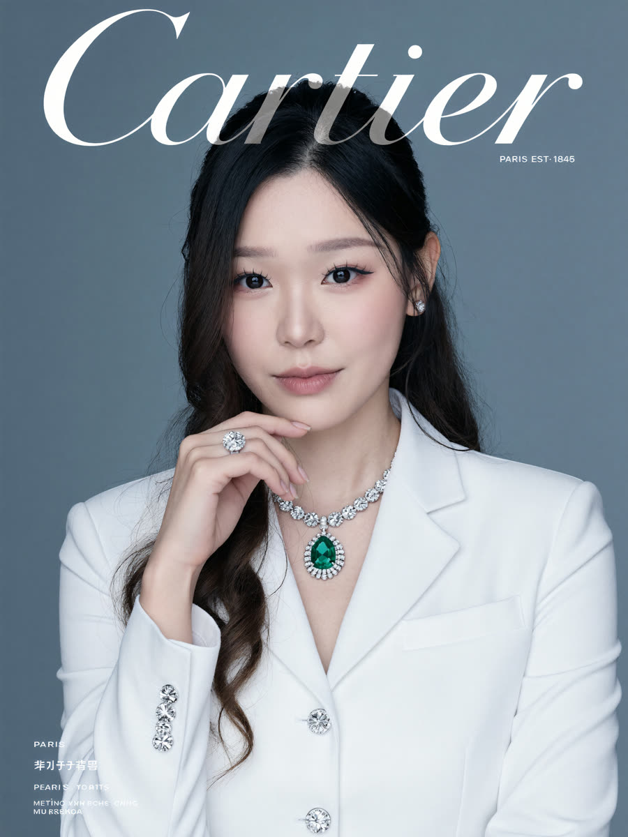 AI magazine cover: white tuxedo jacket with an emerald necklace on a blue-grey backdrop