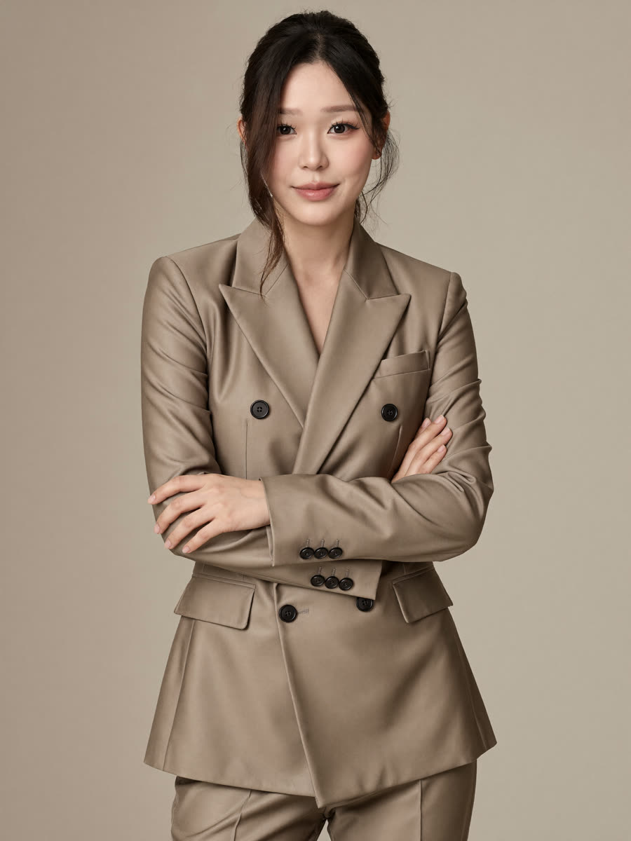 Look 6: taupe double-breasted suit with arms crossed on a warm beige backdrop