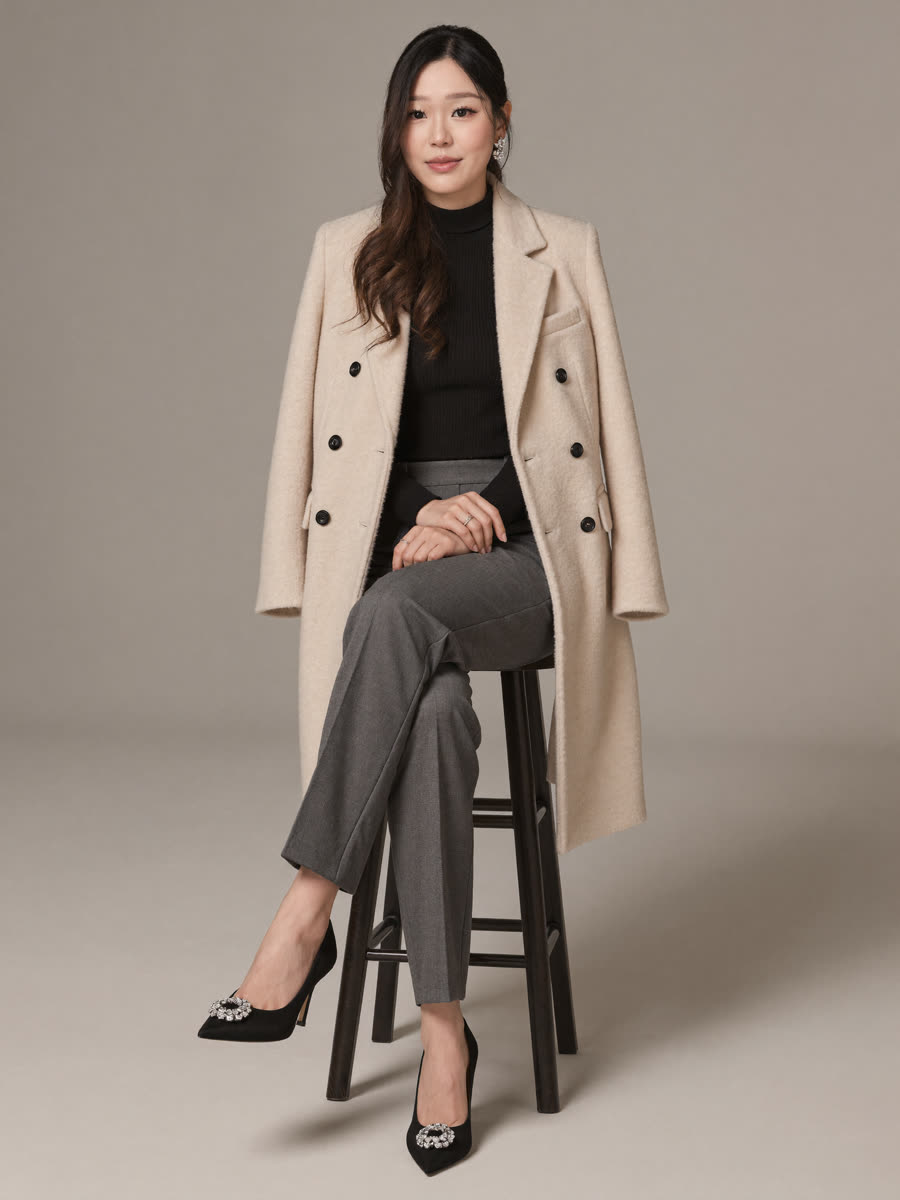 Look 7: cream double-breasted coat over a black turtleneck, seated on a stool with crystal-buckle heels