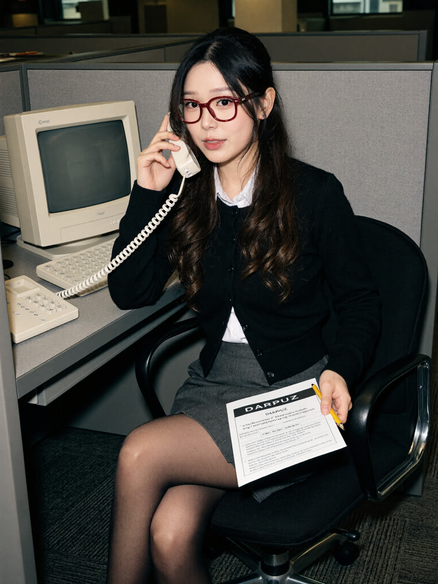 Look 8: retro office cubicle with a CRT monitor, red glasses, corded phone and a black cardigan