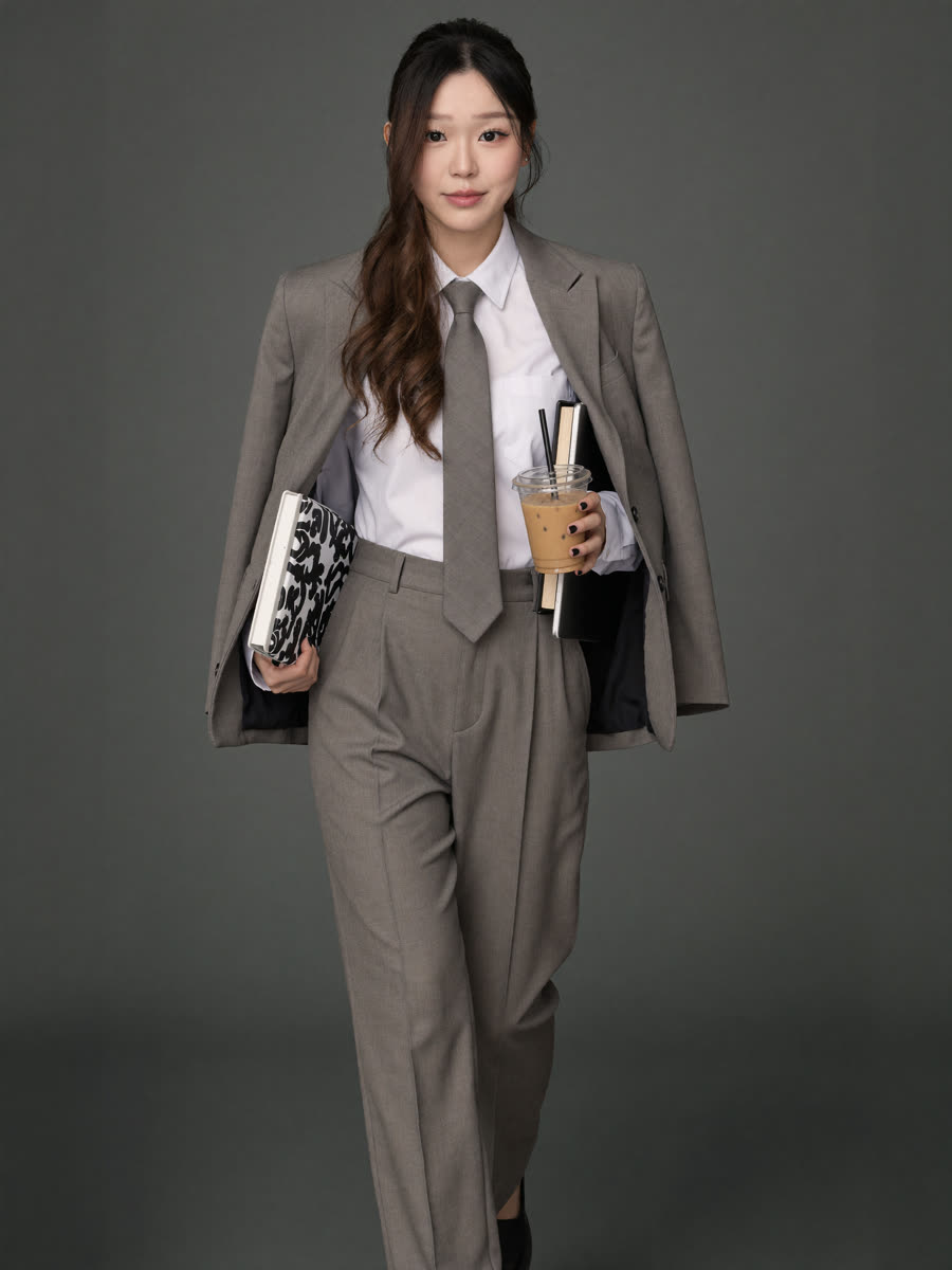 AI headshot: grey suit and tie, walking with an iced coffee, books and a laptop