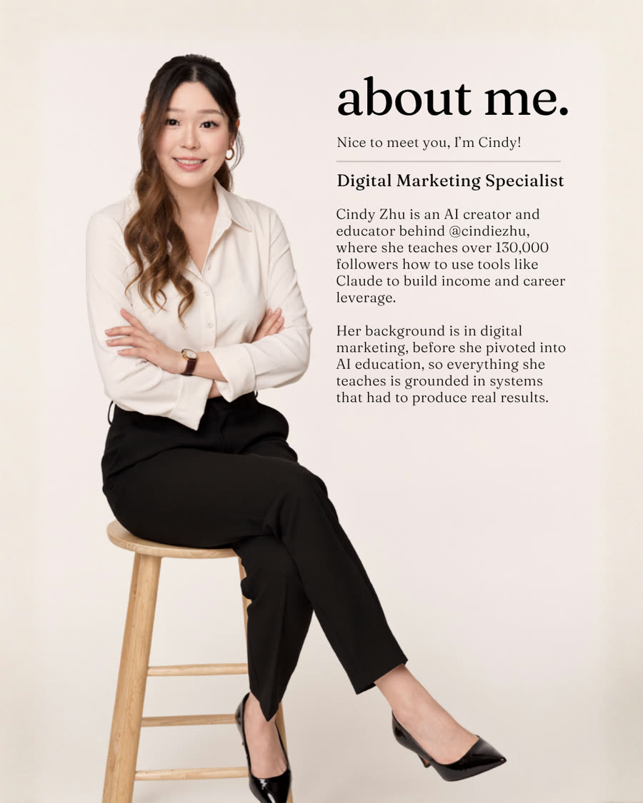 Look 10: the finished about-me page, cream shirt and black trousers on a wooden stool with a bio beside it