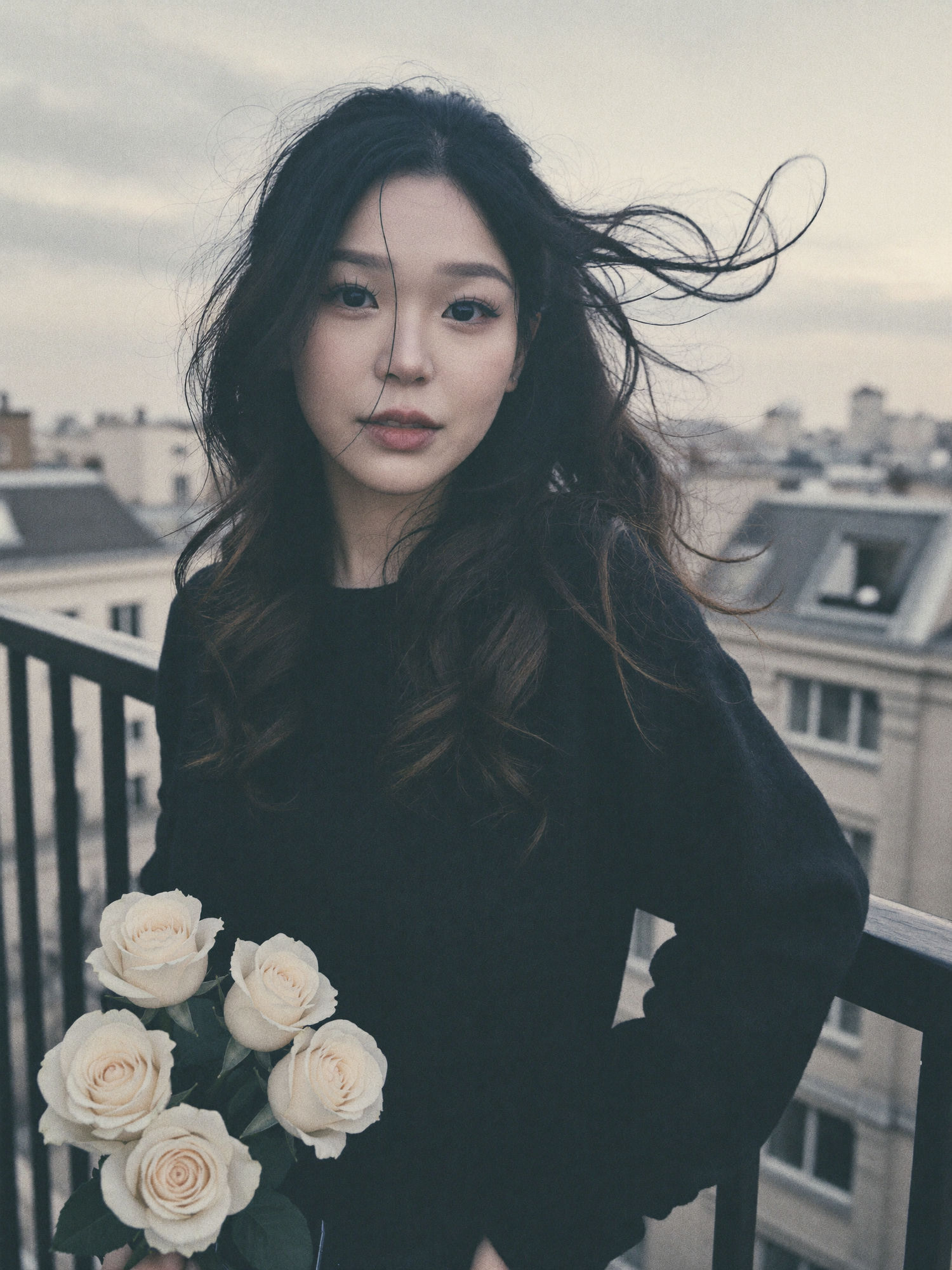Balcony portrait: a woman in a dark sweater holding pale roses, dark hair blowing across an overcast city skyline