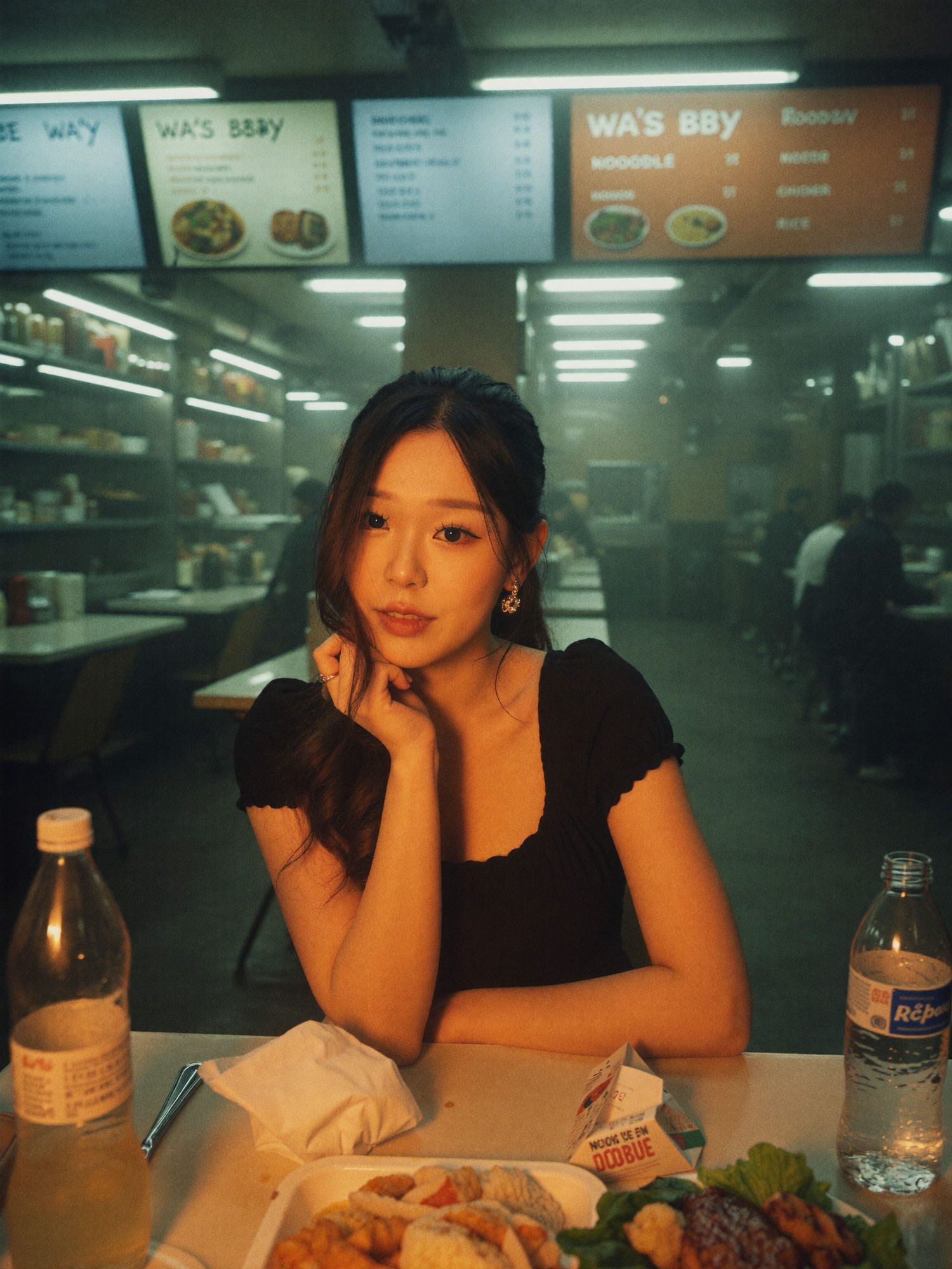 Late-night food court portrait: a woman in a black dress and gold earrings resting her chin on her hand at a plastic table, glowing menu boards behind her