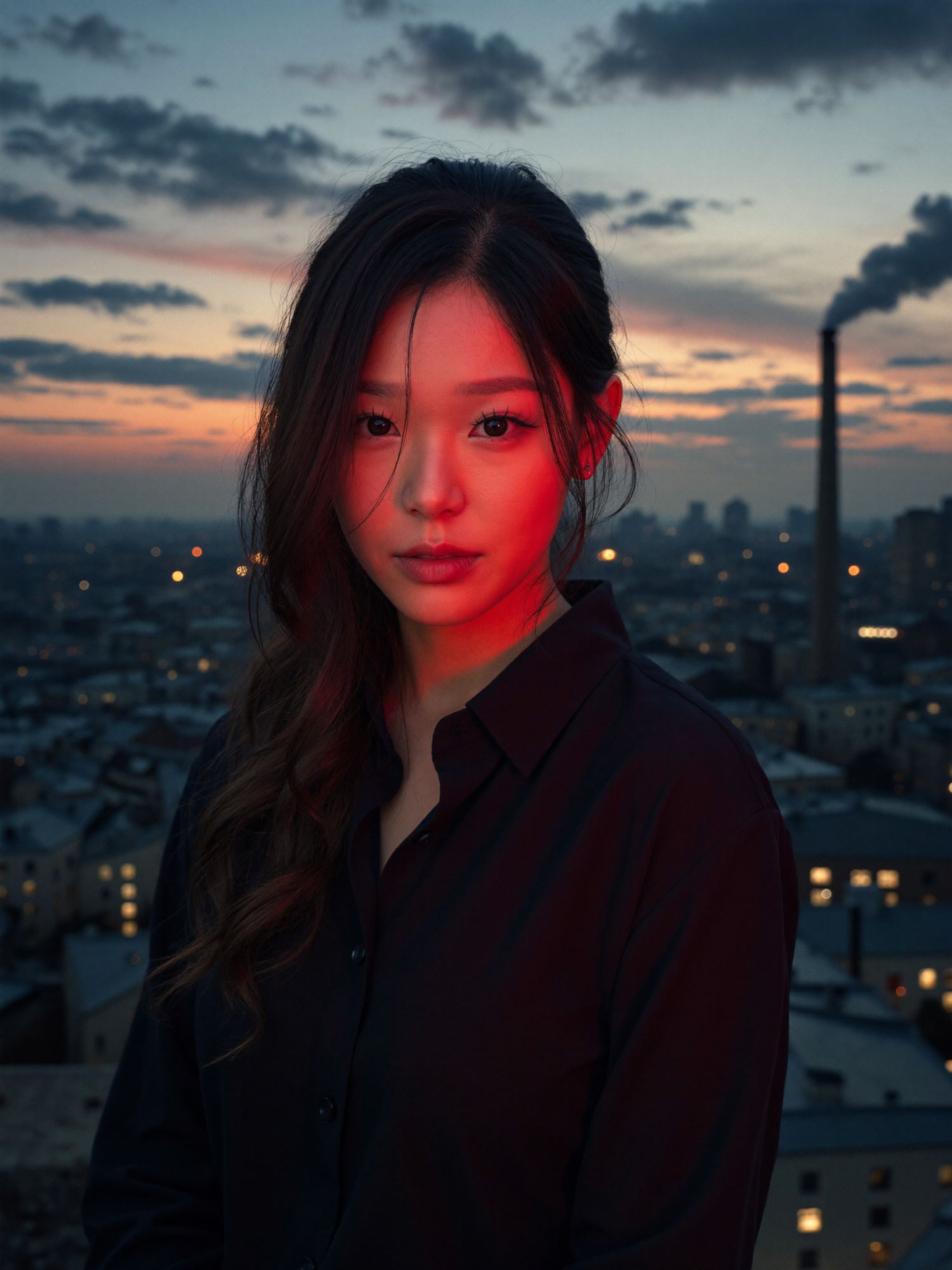 Rooftop dusk portrait: a woman in a dark shirt lit by a red light across her face, blurred city skyline and a smokestack at sunset behind her