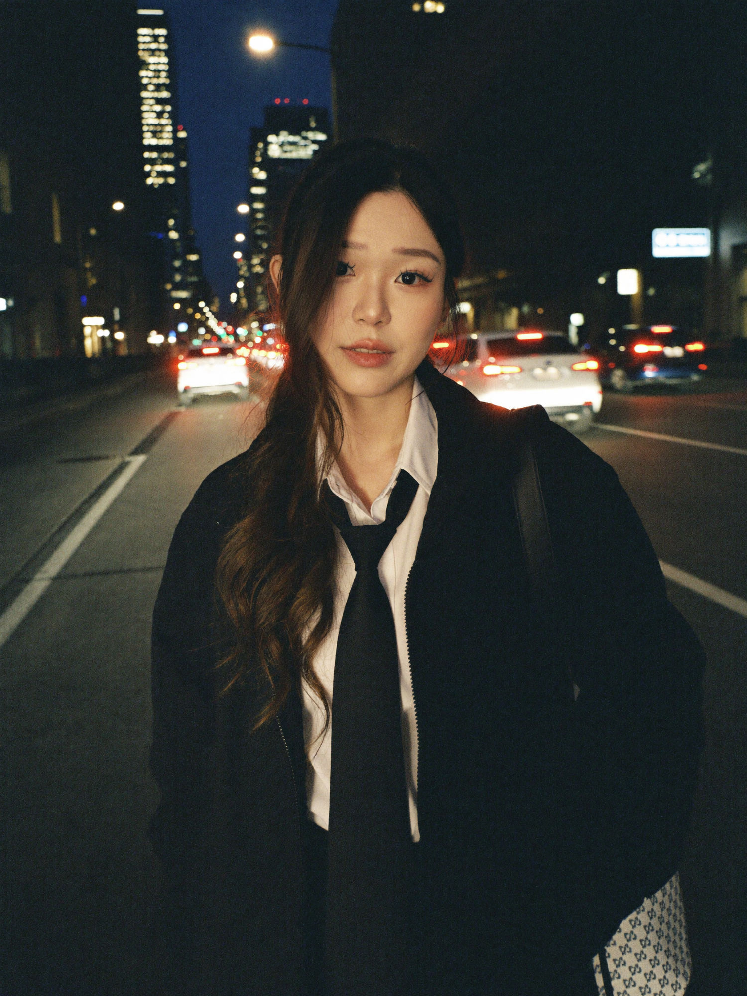 Cinematic night street portrait: a woman in a white shirt and loose black necktie under an oversized jacket, car taillights blurred behind her