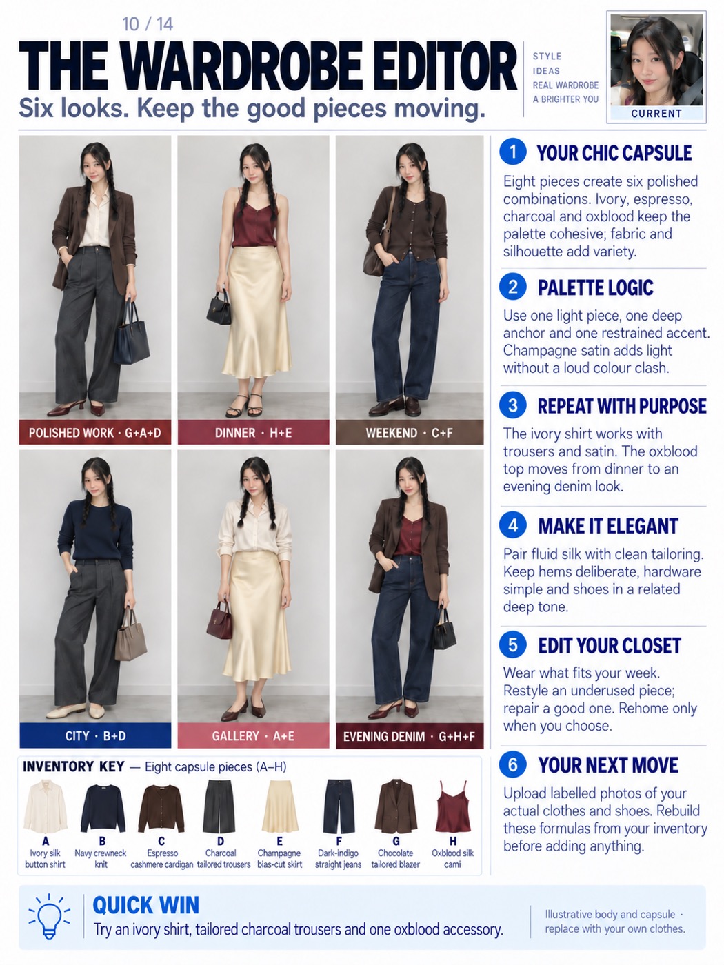Wardrobe card with six outfits from eight pieces