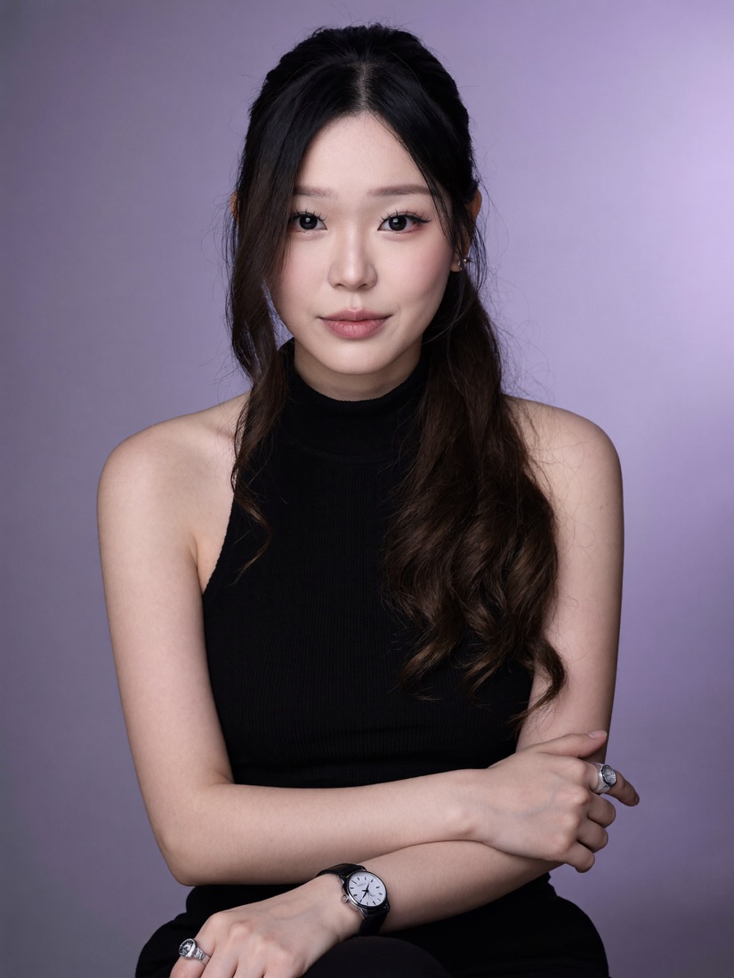 AI editorial headshot: black sleeveless top on a soft lavender studio background