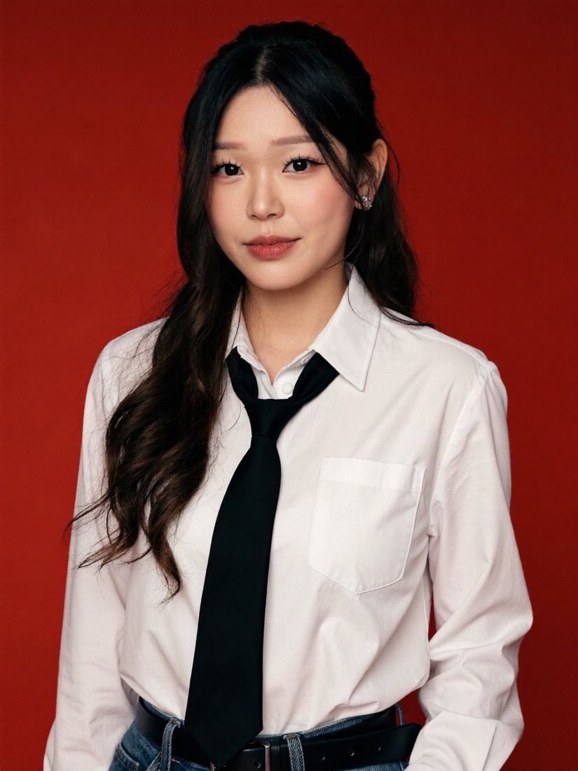 AI creative headshot: white shirt and slim black tie on a deep red background