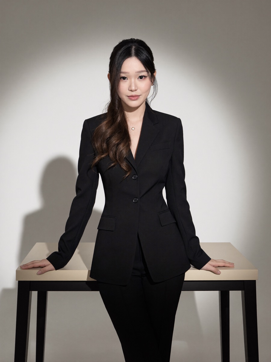 AI corporate portrait: matte black pantsuit at a beige table, dramatic spotlight and hard shadow on a grey wall