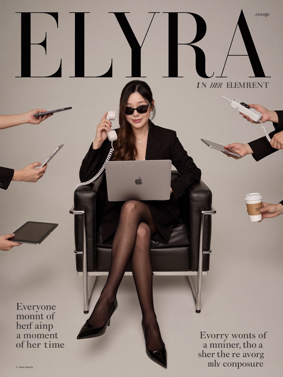 AI magazine-cover portrait: black blazer seated in an armchair, retro corded phone, editorial masthead text