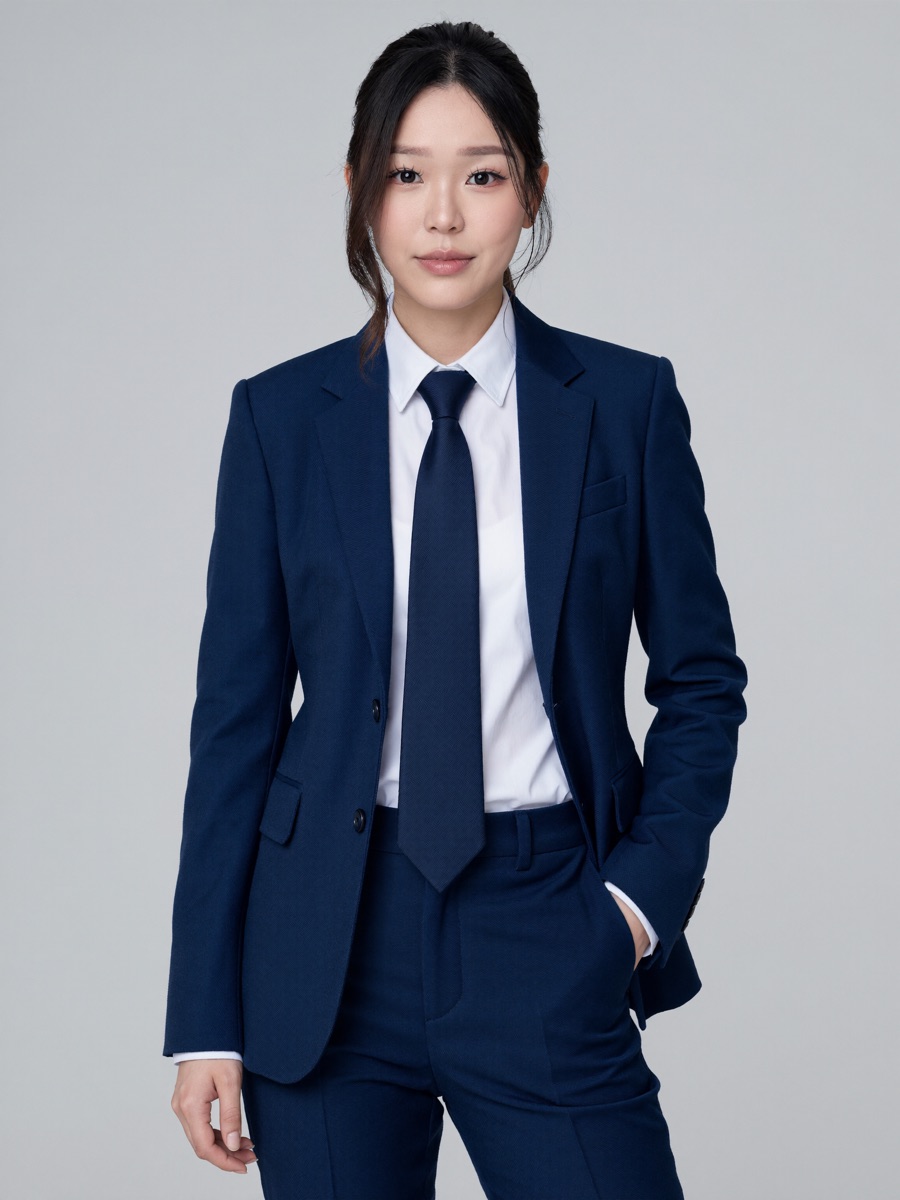 AI LinkedIn headshot: crisp navy suit with a navy tie, hair in a neat bun, light grey backdrop