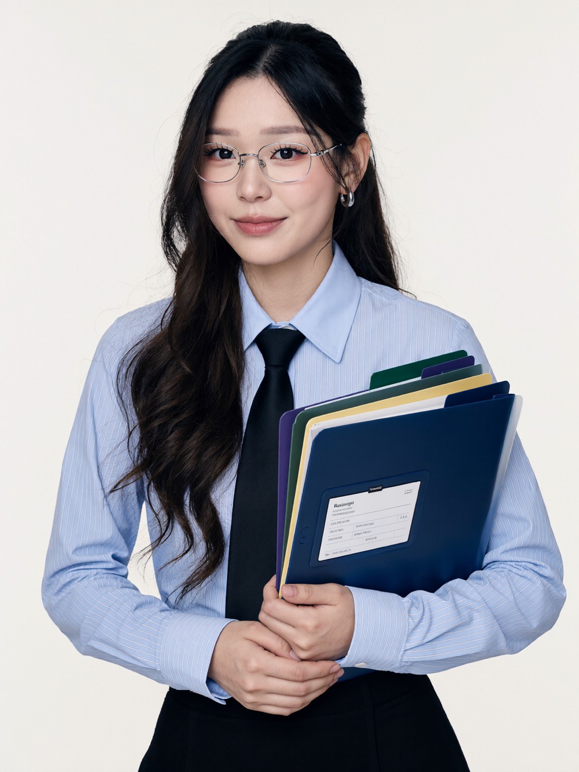 Cindy's generated portrait: Blue stripe shirt, black tie and folders