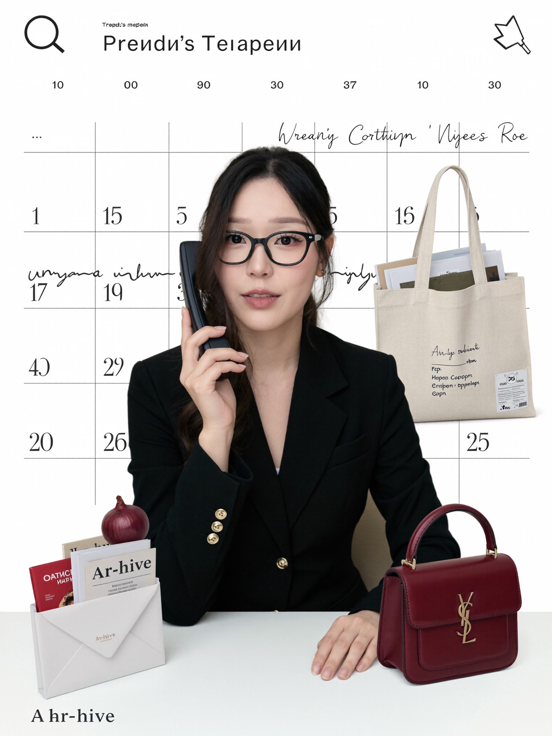 Cindy's generated portrait: The calendar-page collage (desk phone and YSL)