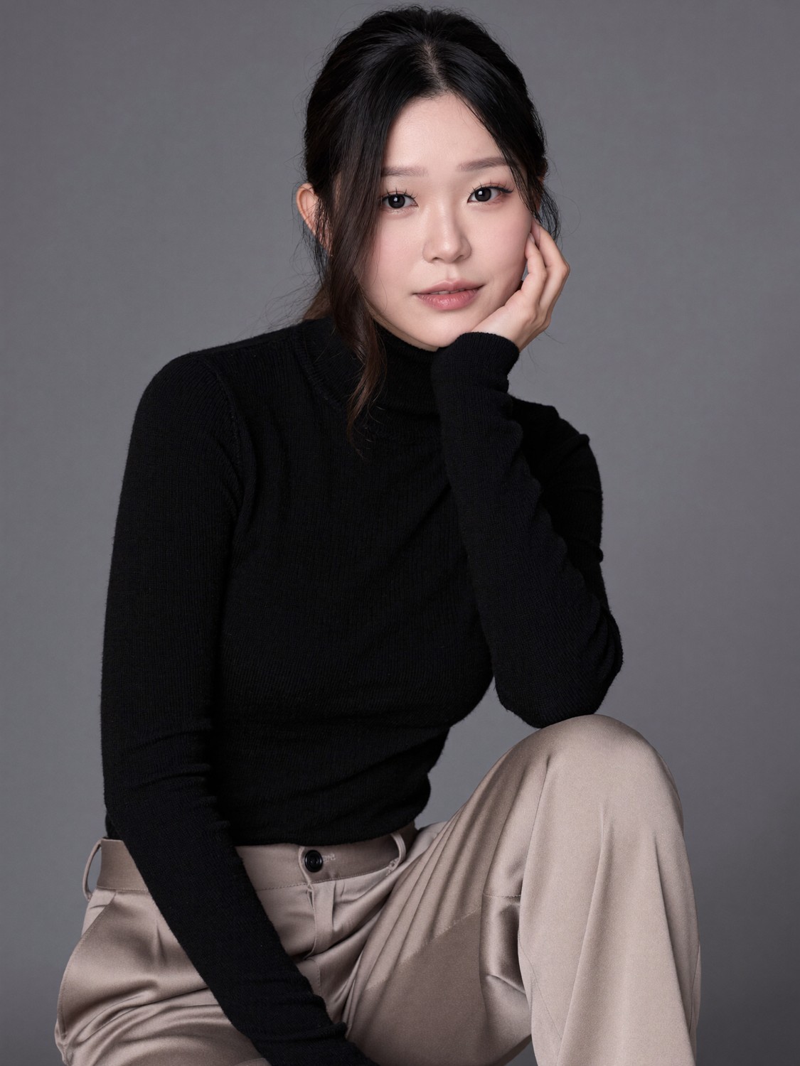 Black turtleneck, chin on hand