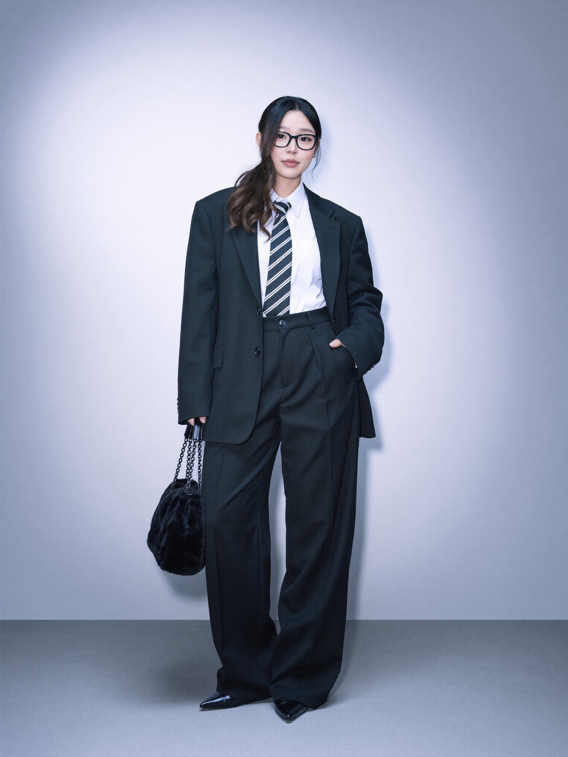 Cindy's generated portrait: Oversized suit and the striped tie