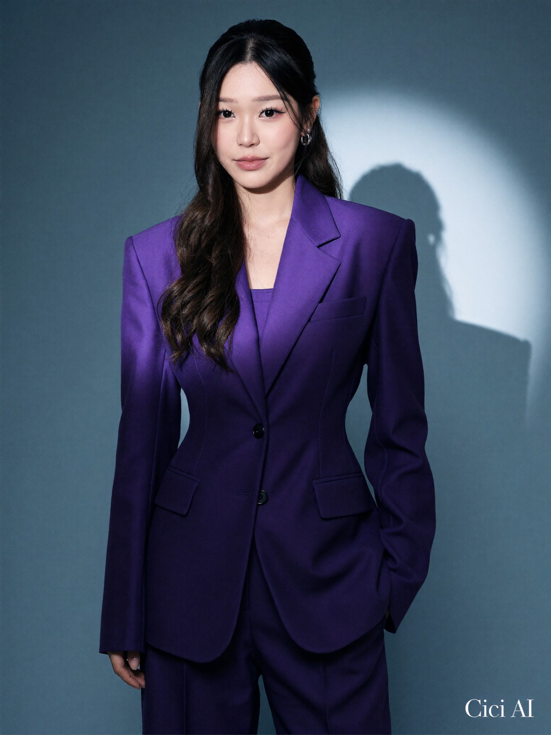 Cindy's generated portrait: Purple suit, sharp shadow