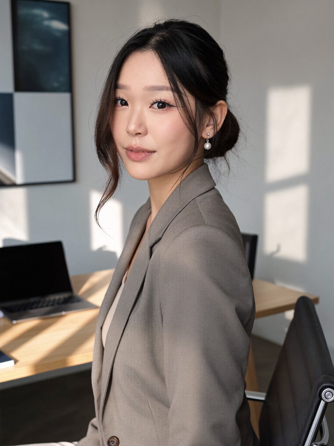 Black turtleneck, chin on hand
