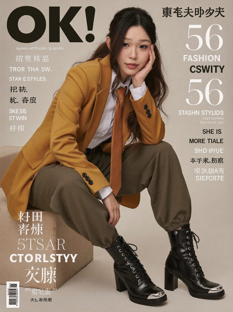 Editorial magazine cover look: mustard blazer and tie