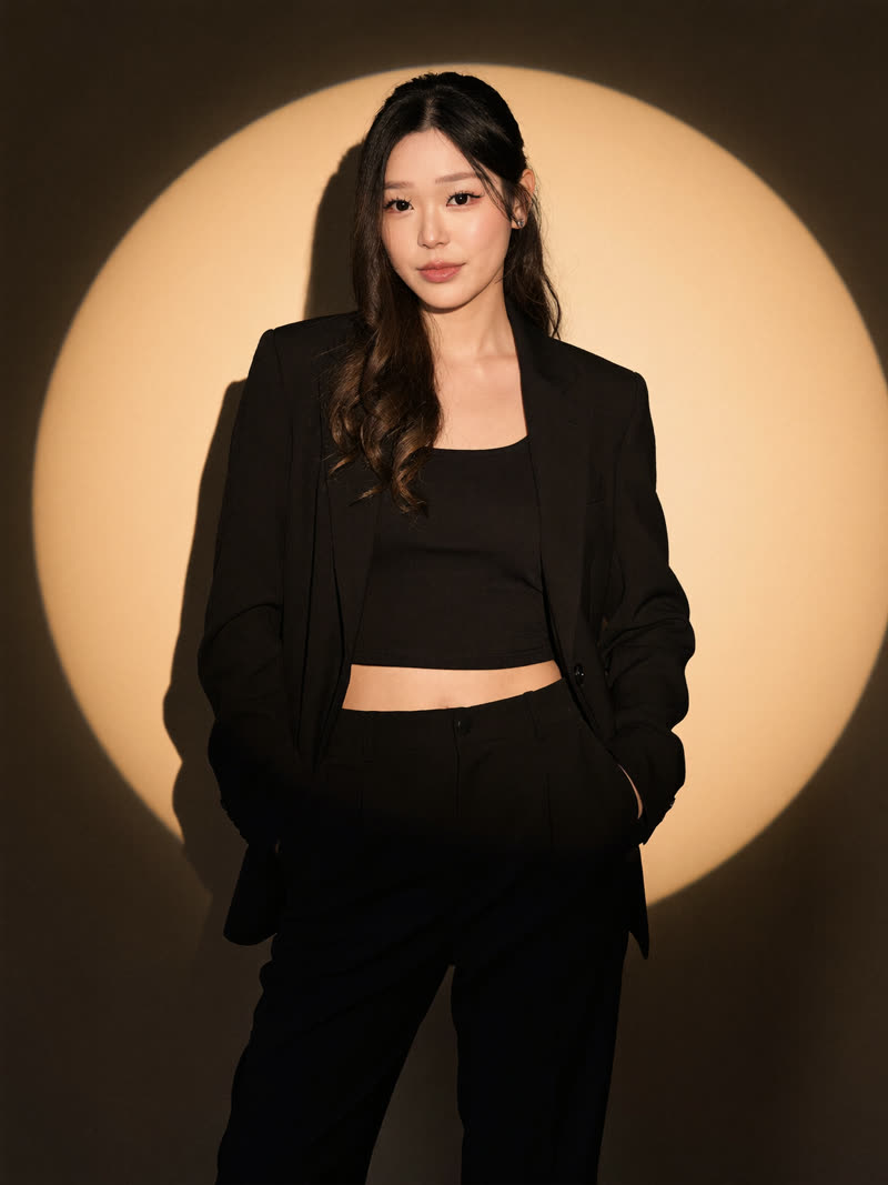 Statement look: black suit in a golden circular spotlight with wall shadow