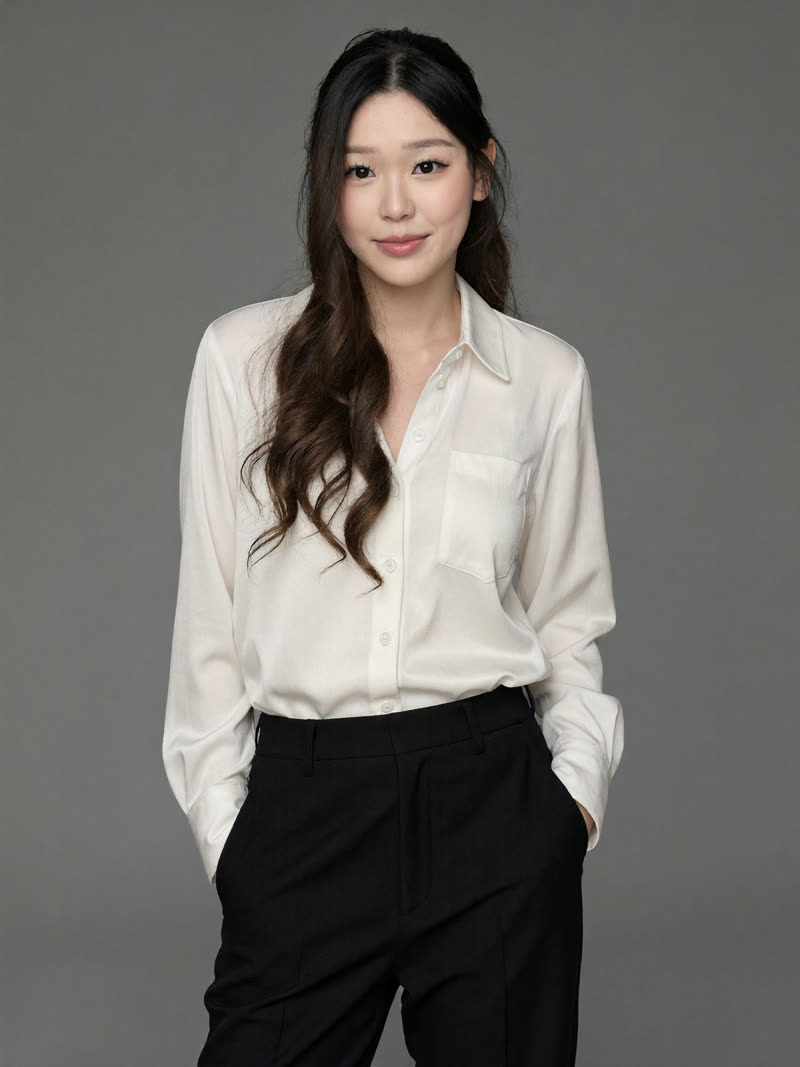 Ivory silk blouse look, hands in pockets, grey backdrop