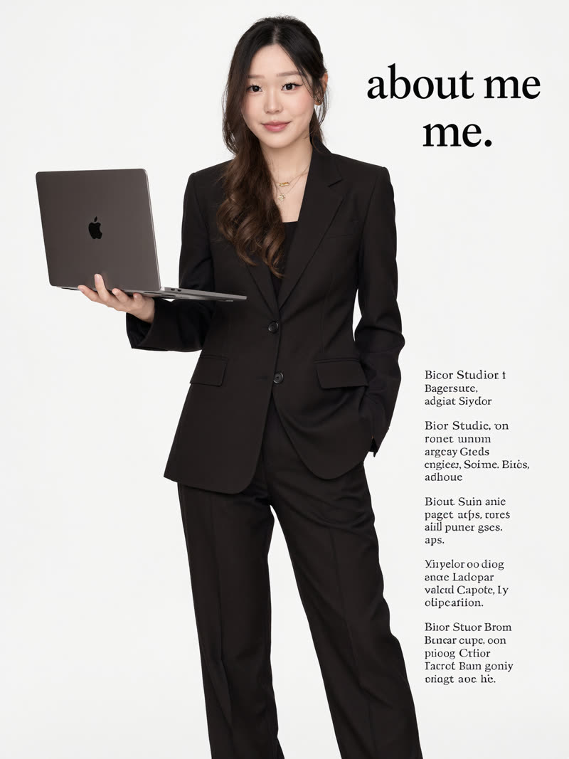 About-me page look: black suit balancing a laptop on one palm, white backdrop with text layout