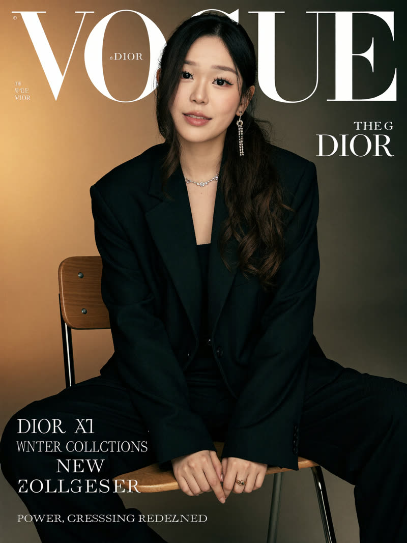 AI magazine cover portrait: oversized black blazer, seated, golden studio light