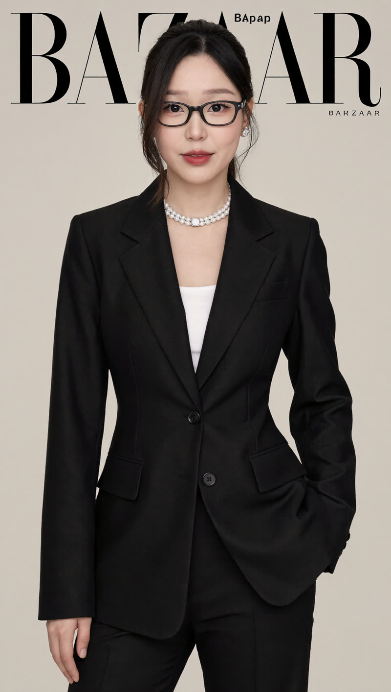 Magazine cover look: black suit, glasses, pearls and red lip