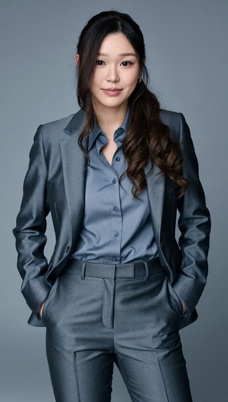 Statement look: steel blue suit on a matching blue grey backdrop