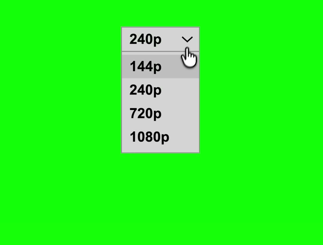 Green screen overlay preview: a video quality dropdown menu listing 144p, 240p, 720p and 1080p with a cursor about to click