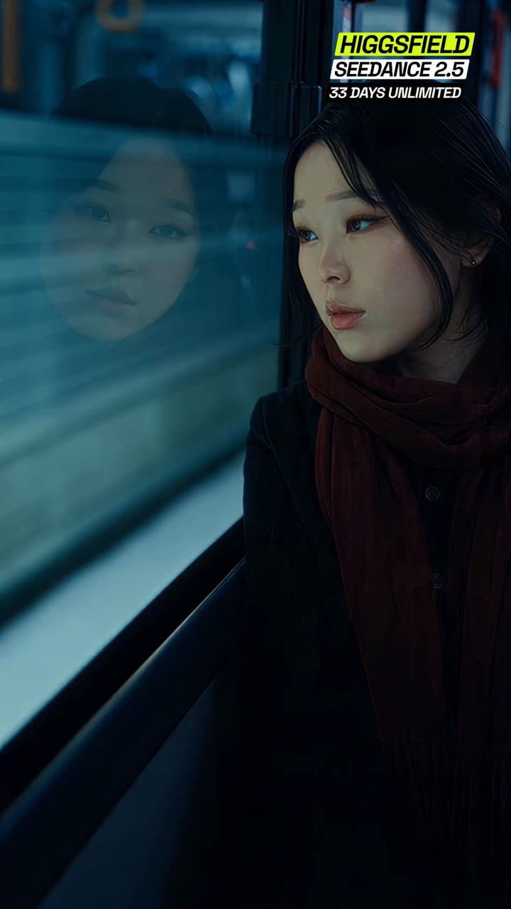 Reference frame: she sits by a train window at night, her reflection in the glass, the city streaking past in blue
