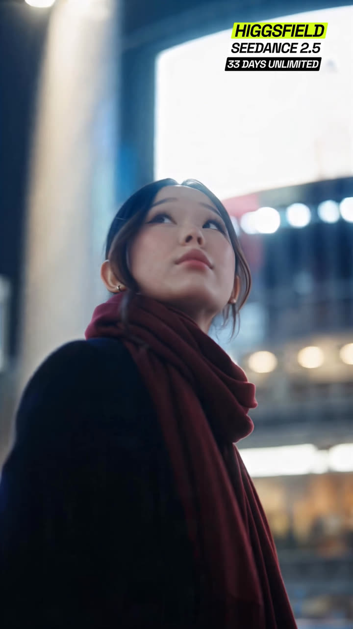 Reference frame: low-angle shot of her looking up at glowing billboards, a huge bright screen behind her
