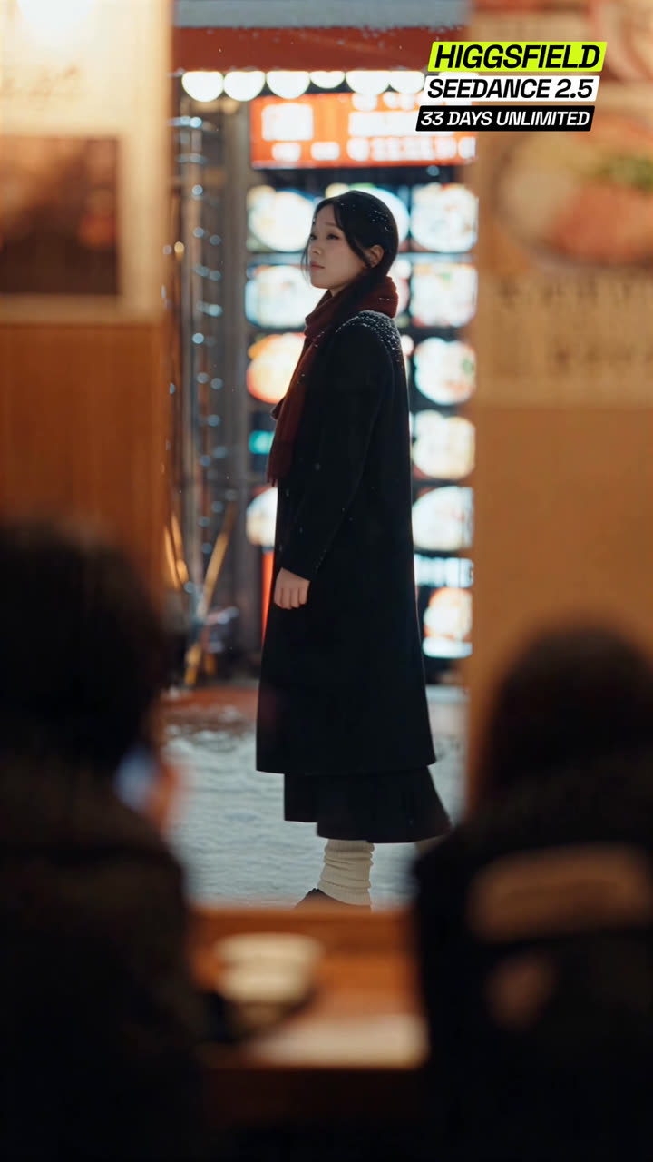 Reference frame: seen from inside a warm restaurant, she walks past outside in the snow, two diners blurred in the foreground
