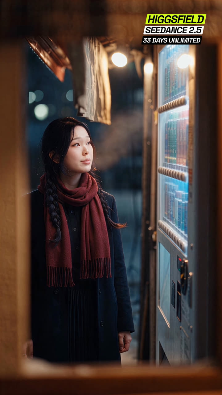 Reference frame: she sighs in front of a glowing vending machine, her breath visible in the cold air