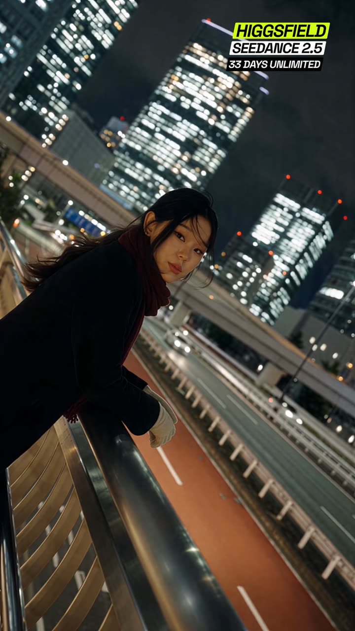 Reference frame: dutch-angle shot of her leaning on a bridge railing, city towers and an orange elevated road behind