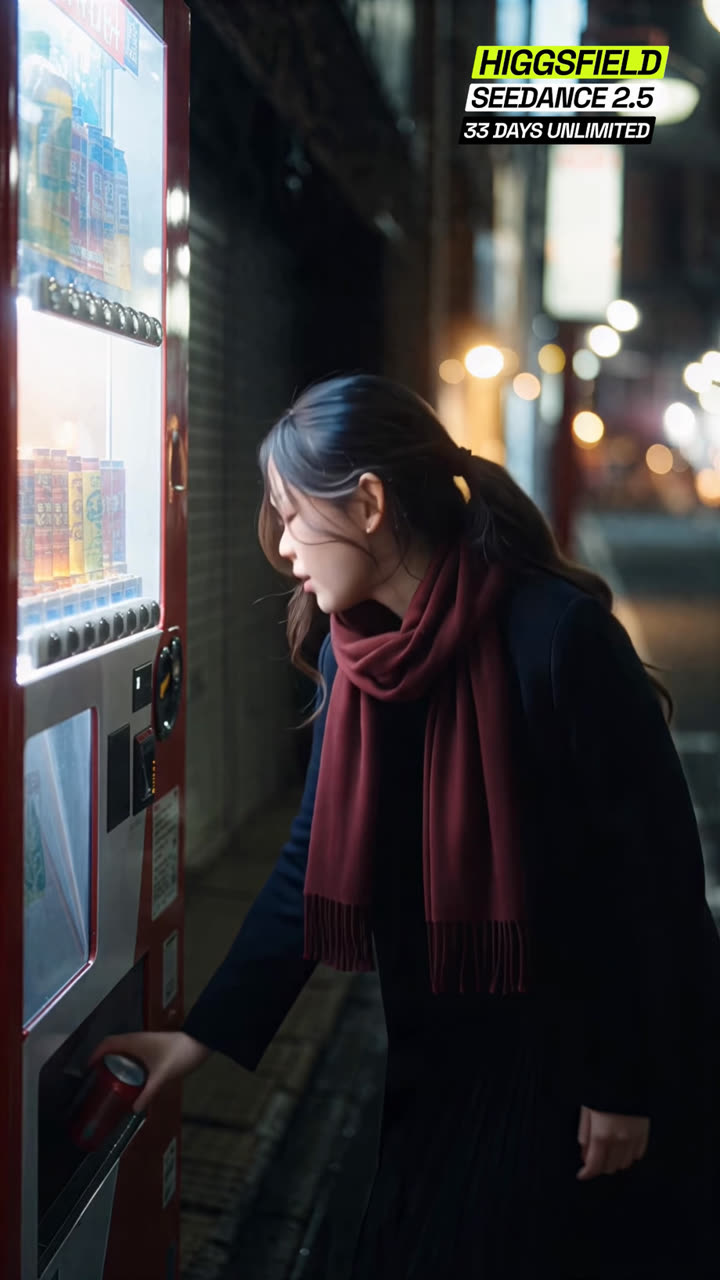 Reference frame: she bends to take a red can out of a bright red vending machine in a night alley