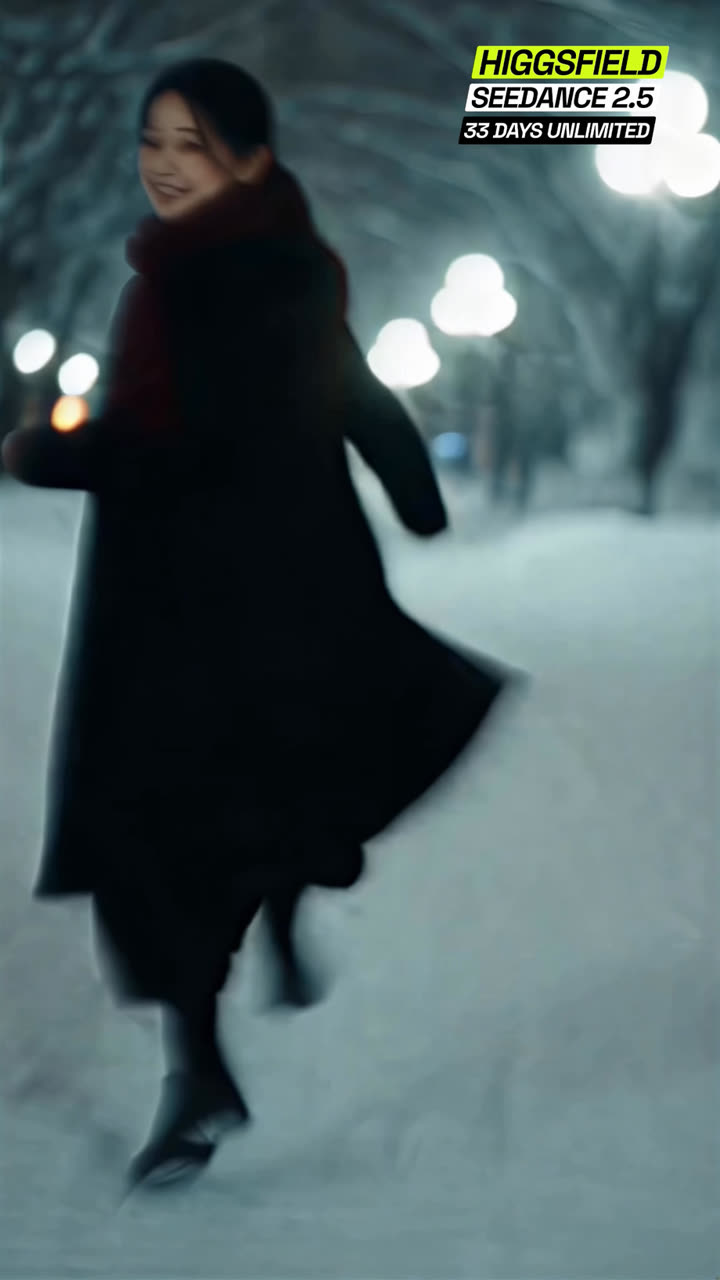 Reference frame: motion-blurred handheld shot of her running through snow at night, looking back with a smile
