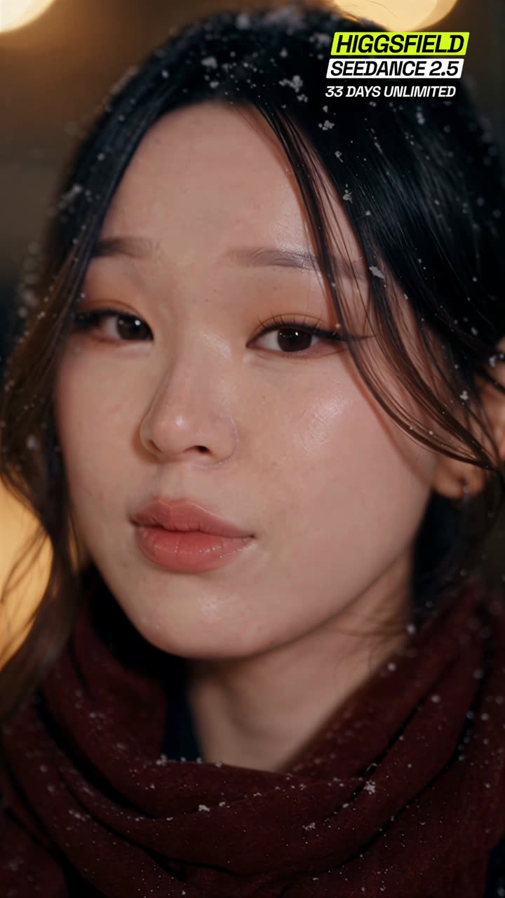 Reference frame: close-up of her face with snowflakes in her hair, giving a small soft smile